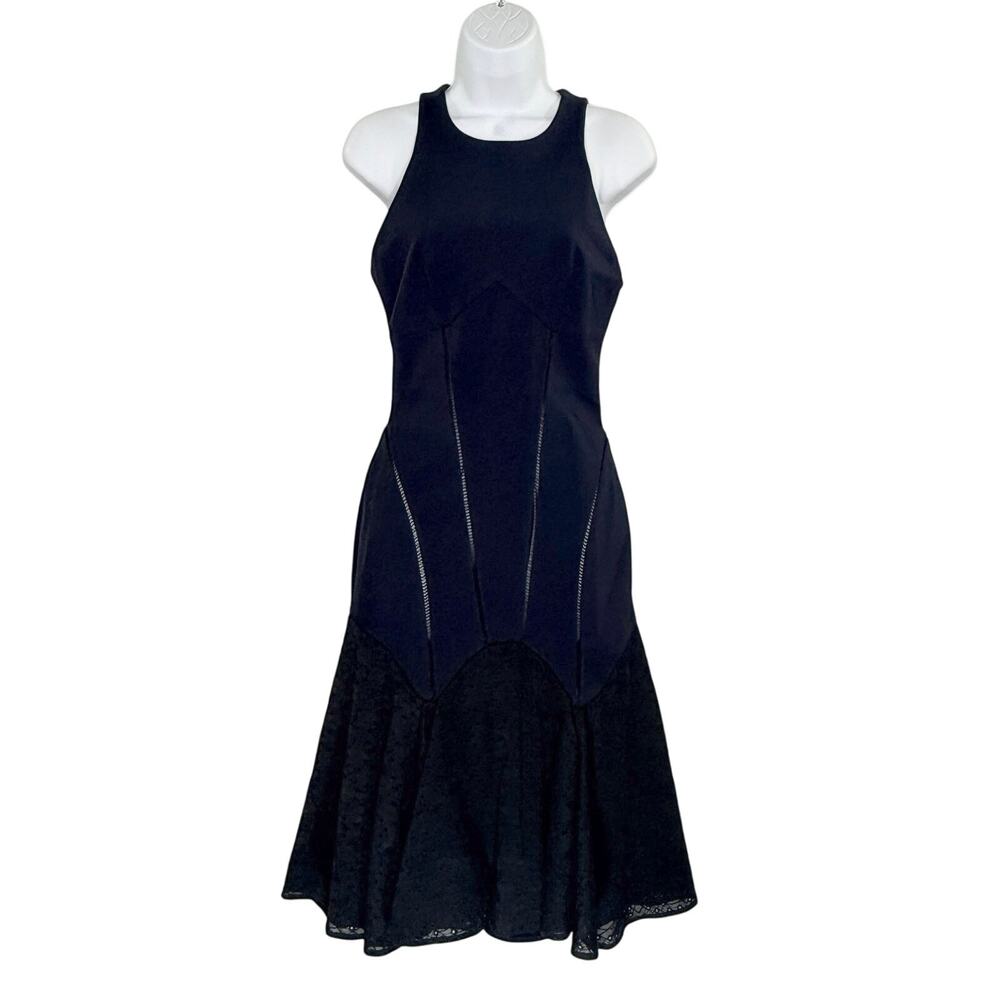 Jonathan Simkhai Navy Black Bodycon Mermaid Flare Dress 6 Eyelet Midi Cocktail